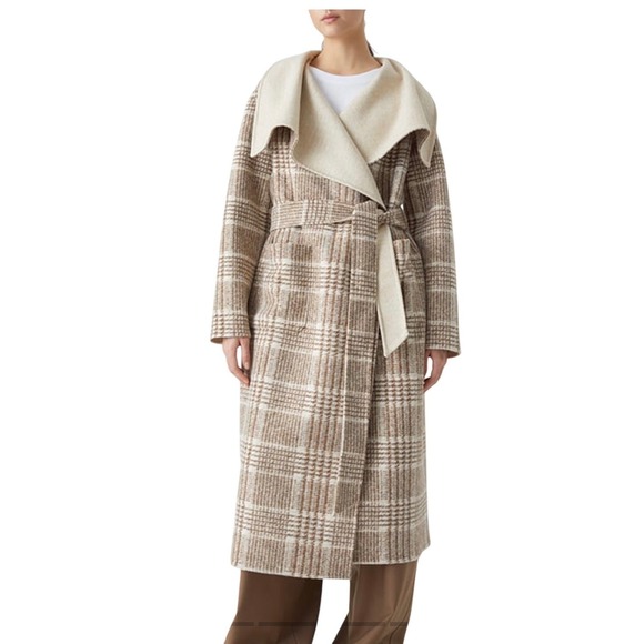 CLOSED Plaid Belted Shawl Collar Long Wool Blend Coat in Golden Wood M MSRP 995 - Picture 3 of 12
